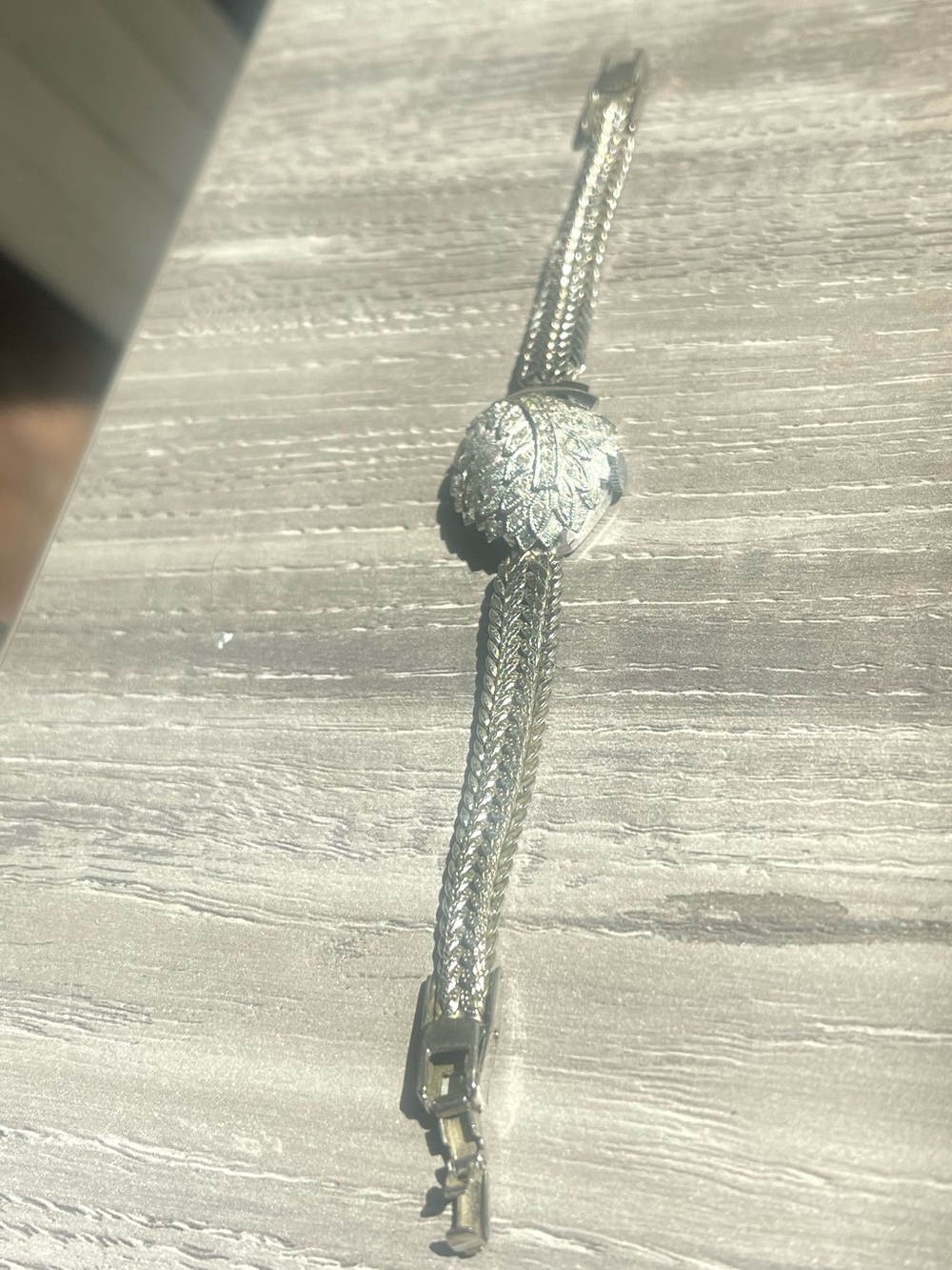 Vintage Braided Silver Inlayed Watch with Decorative Round Feathered/Leaf Accent